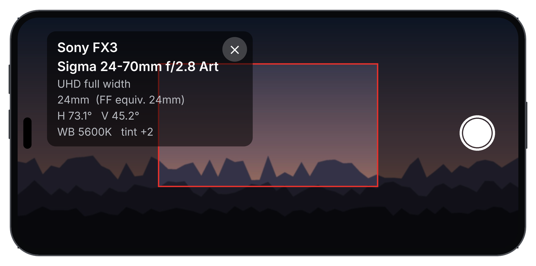 FrameScout on an iPhone held in landscape: a red frame over the live view, with an information box listing the camera, lens, focal length and field of view.